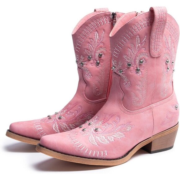 🆕Women Pink Cowgirl with Sparkly Embroidered Rhinestone Western Ankle Boot - Picture 2 of 7